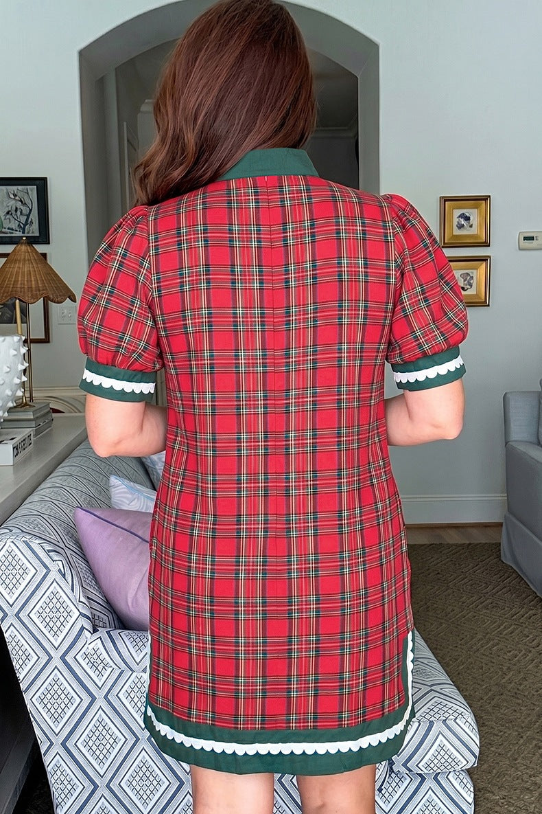 Christmas Plaid Trim Mini Dress