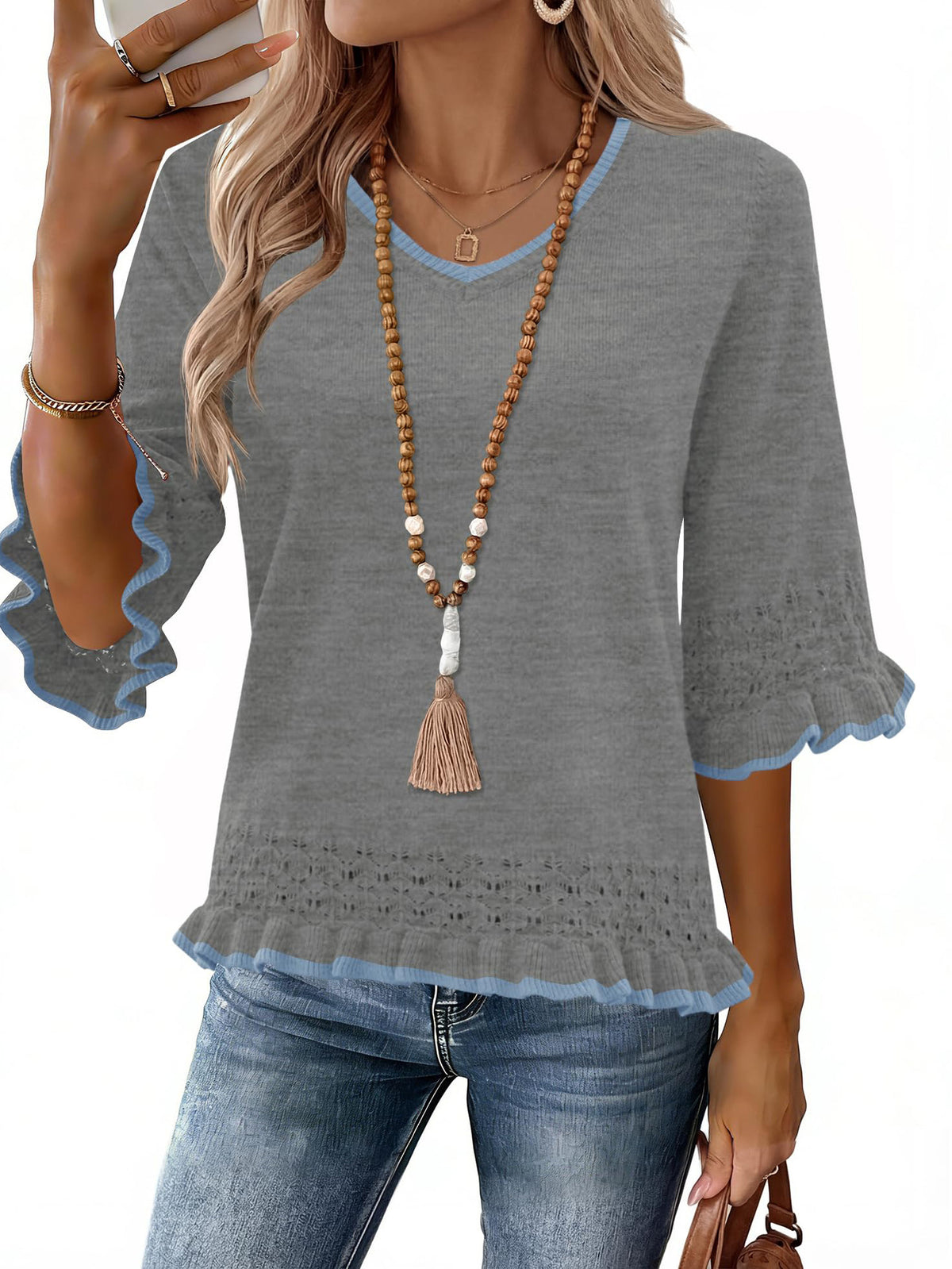 Feminine V-Neck Knit Blouse, Lightweight Ruffle 3/4 Sleeve Casual Top