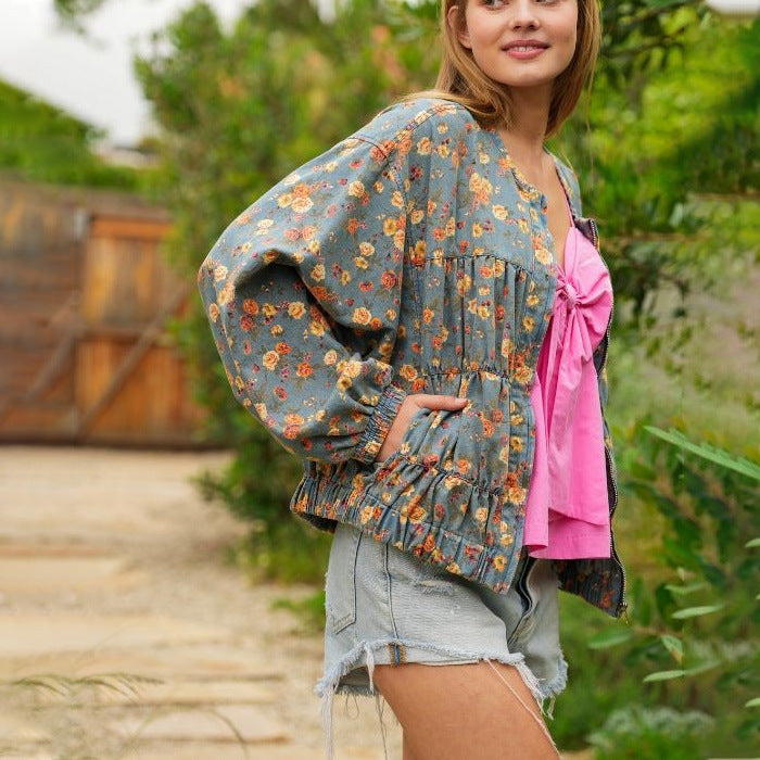 Women Spring Fall Oversized Jean Jacket Trendy Lightweight Y2K Floral Denim Bomber Jacket Coat（BUY 2 FREE SHIPPING)