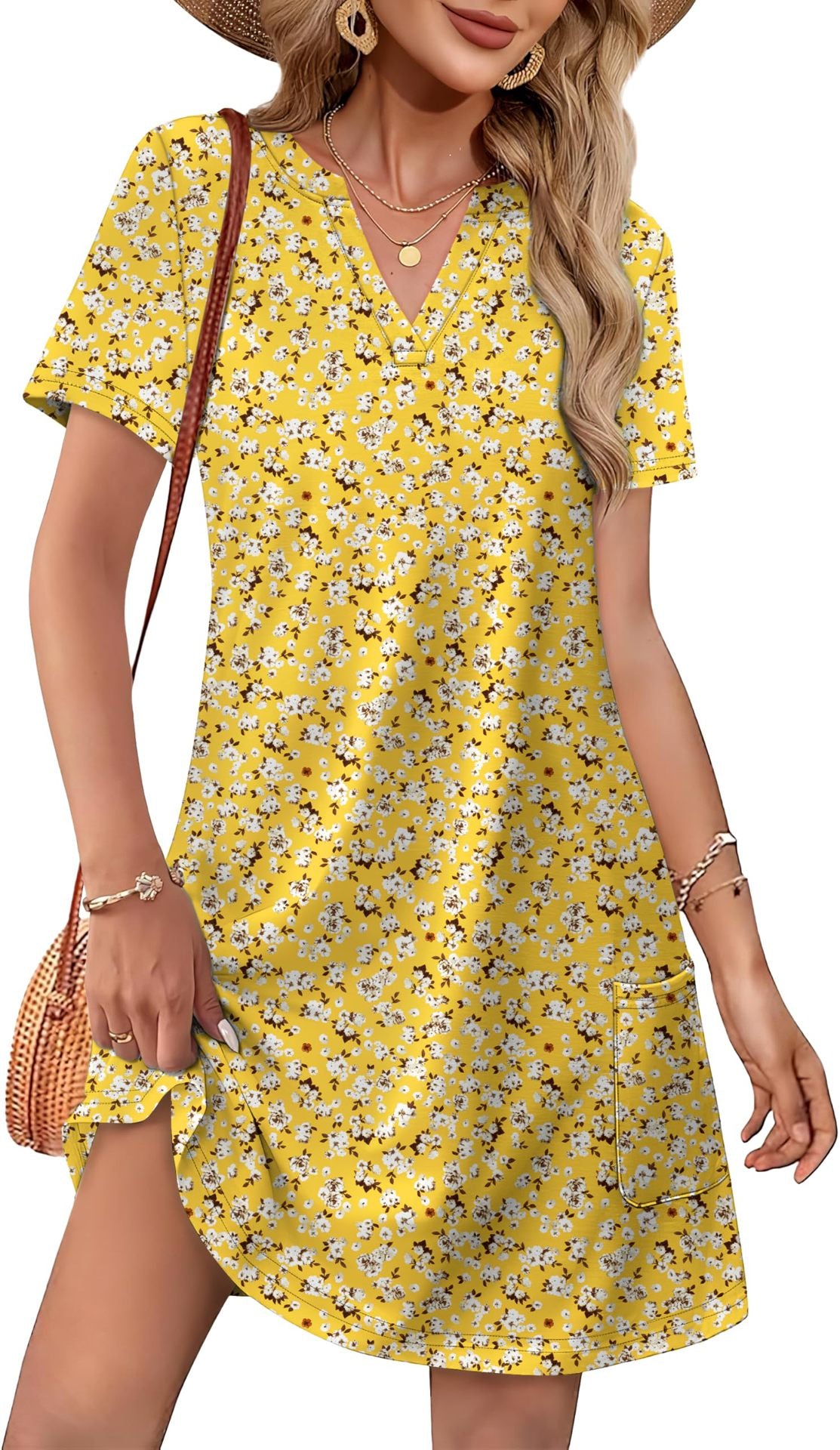 V-neck loose-fitting casual printed short-sleeved dress（BUY 2 FREE SHIPPING)