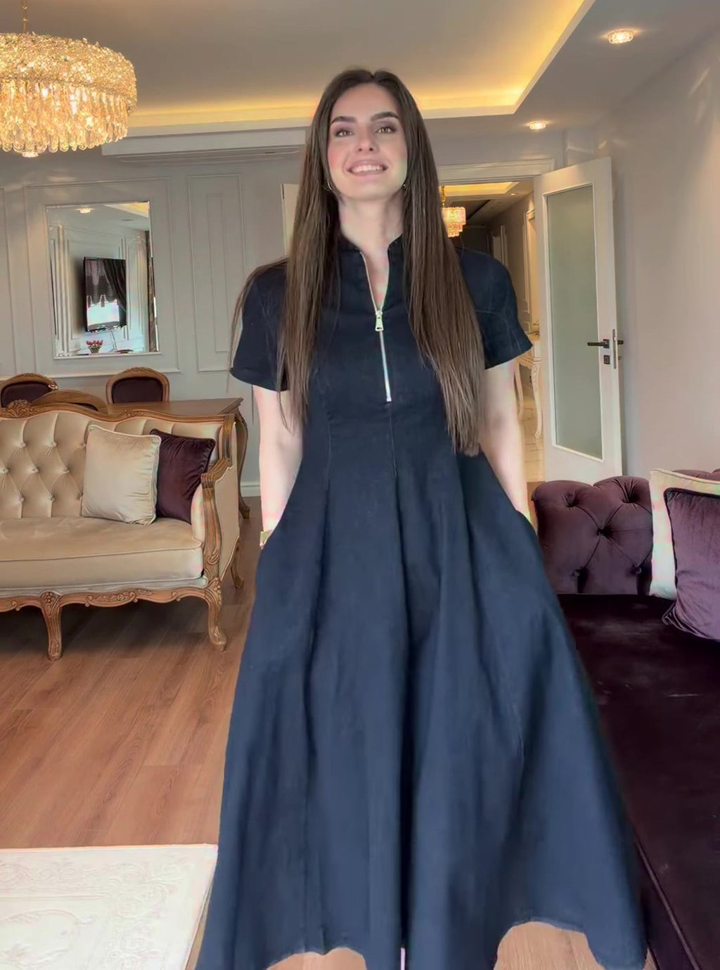 2026 New Style Half-Open Neck Short-Sleeve Slim Waist Full Skirt Dress