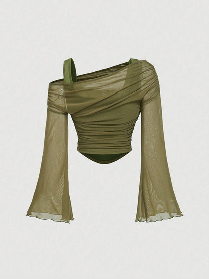 Ruched Sheer Mesh Off-Shoulder Top