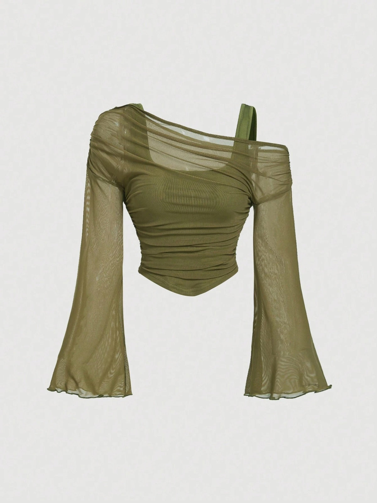 Ruched Sheer Mesh Off-Shoulder Top