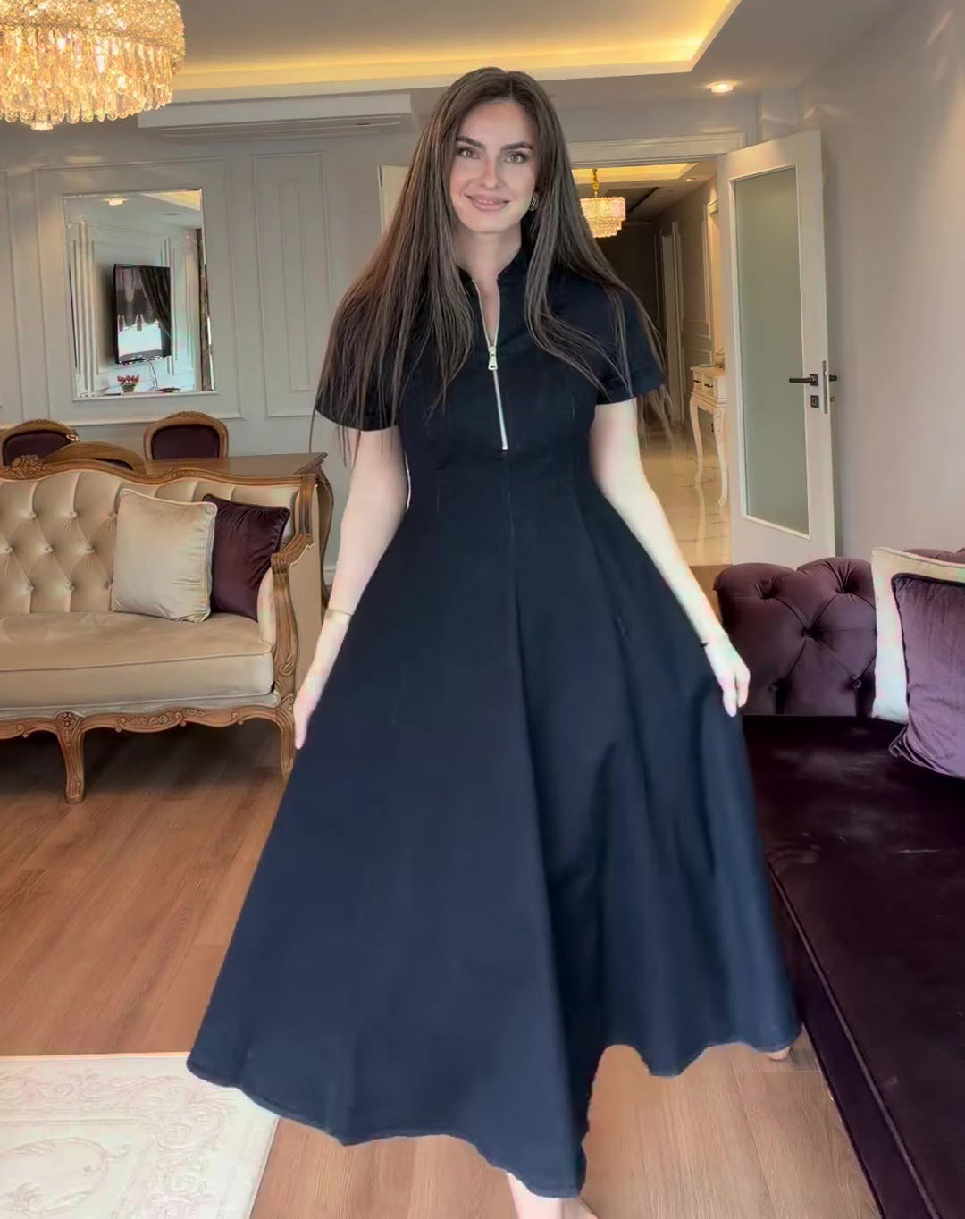 2026 New Style Half-Open Neck Short-Sleeve Slim Waist Full Skirt Dress