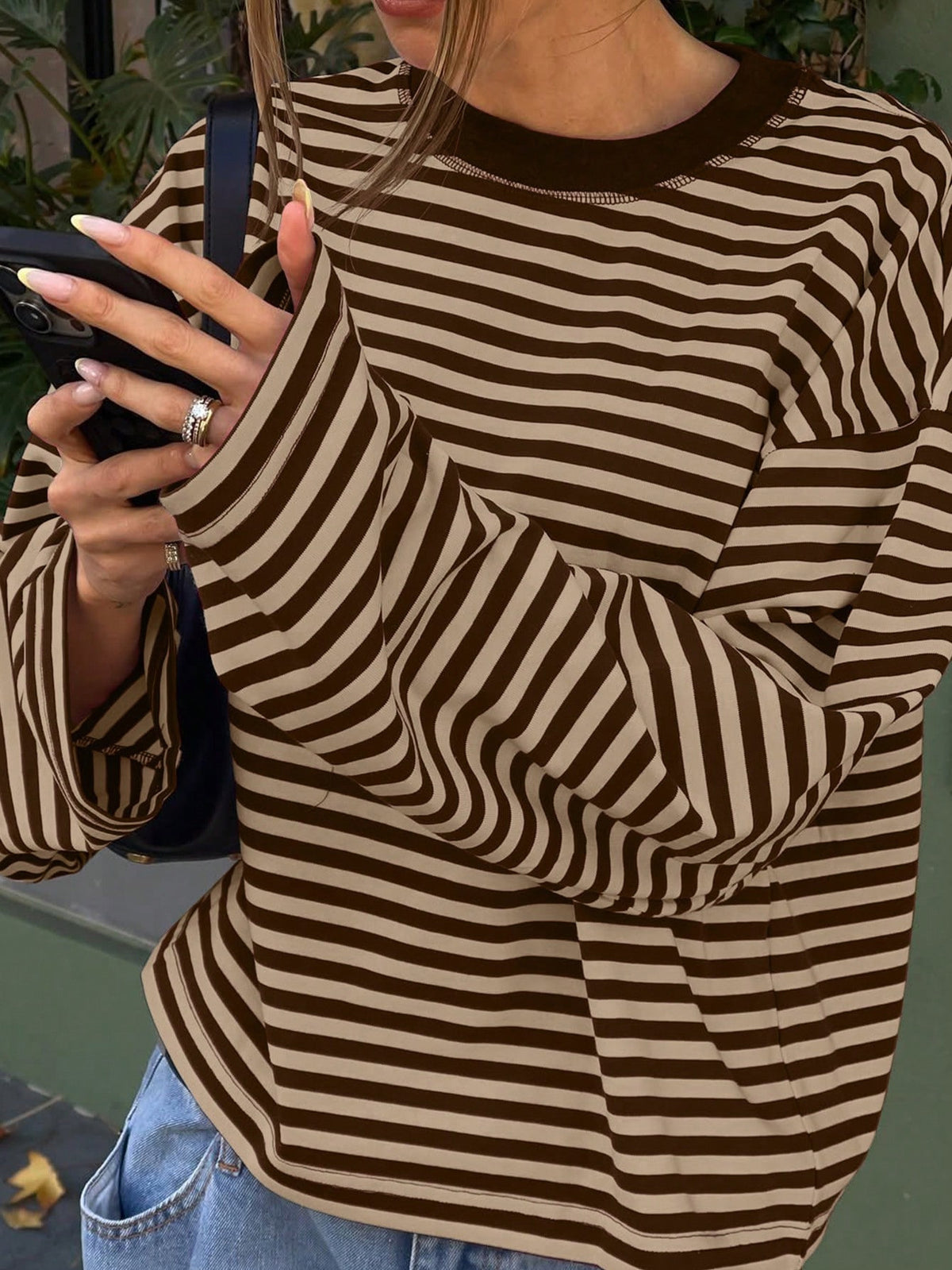 Women's Striped Oversized Crew Neck Long Sleeve Top