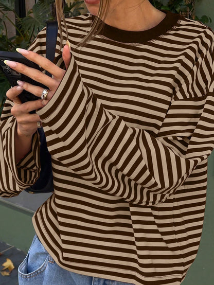 Women's Striped Oversized Crew Neck Long Sleeve Top