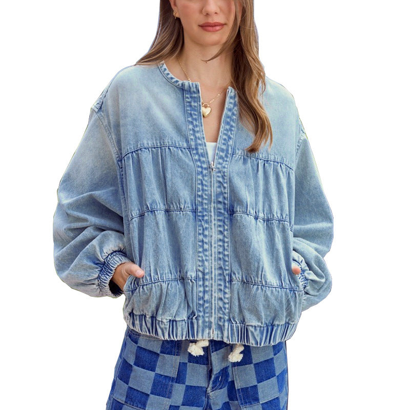 Women Spring Fall Oversized Jean Jacket Trendy Lightweight Y2K Floral Denim Bomber Jacket Coat（BUY 2 FREE SHIPPING)