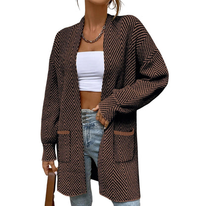 Women Herringbone Open Front Mid‑Length Knit Cardigan With Pockets
