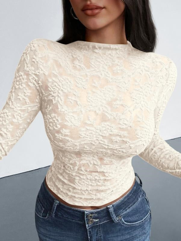 Textured Lace Mesh Long Sleeve Top