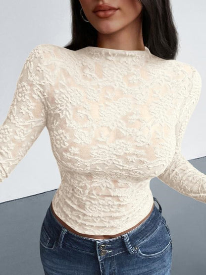 Textured Lace Mesh Long Sleeve Top