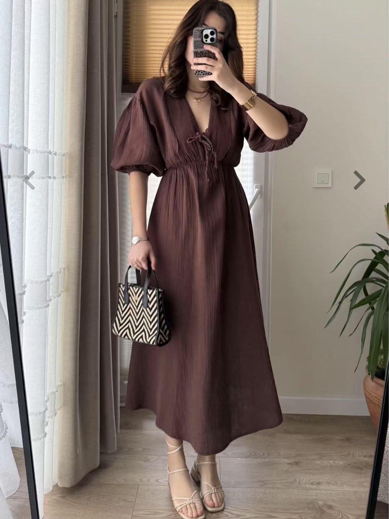 Solid color V-neck puff sleeve short-sleeved slimming A-line dress（BUY 2 FREE SHIPPING)