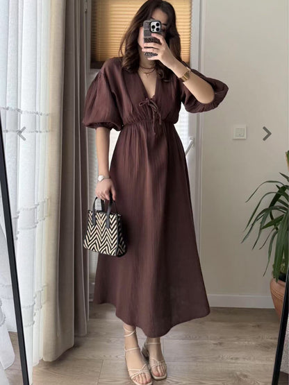 Solid color V-neck puff sleeve short-sleeved slimming A-line dress（BUY 2 FREE SHIPPING)