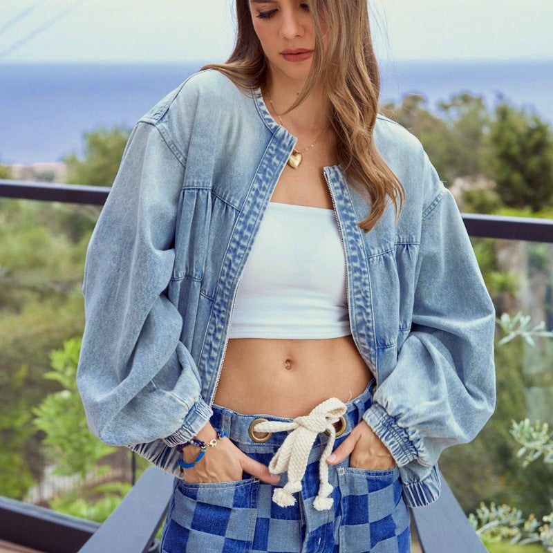 Women Spring Fall Oversized Jean Jacket Trendy Lightweight Y2K Floral Denim Bomber Jacket Coat（BUY 2 FREE SHIPPING)