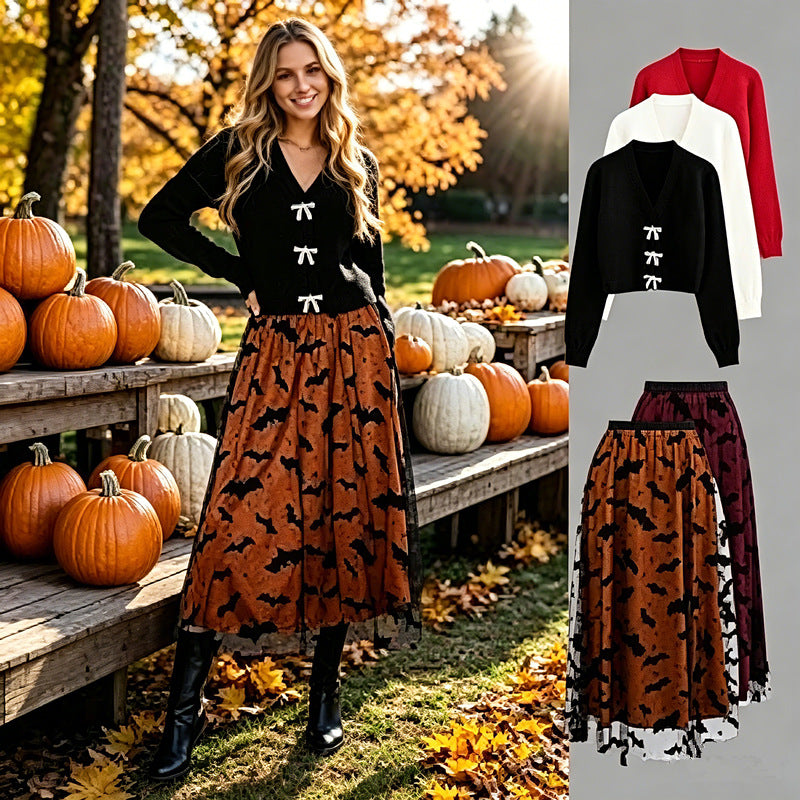 Halloween Bat Mesh Midi Skirt