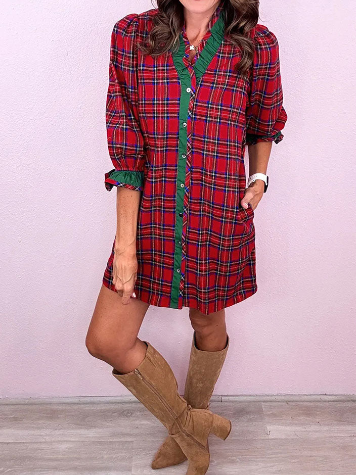 Red Plaid Ruffle Shirt Dress
