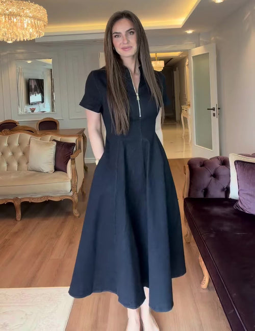 2026 New Style Half-Open Neck Short-Sleeve Slim Waist Full Skirt Dress