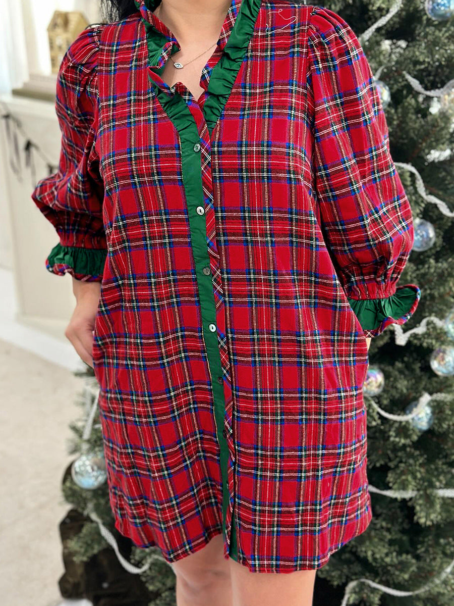 Red Plaid Ruffle Shirt Dress