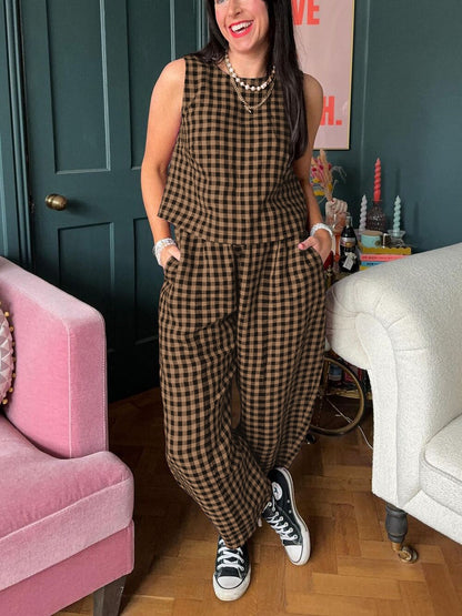 HOT SALE Women's Gingham Sleeveless Tank Top & Barrel Pants Set