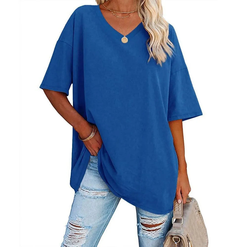 HOT SALE-WOMENS LOOSE FASHION V-NECK TOP SHORT & LONG OPTION