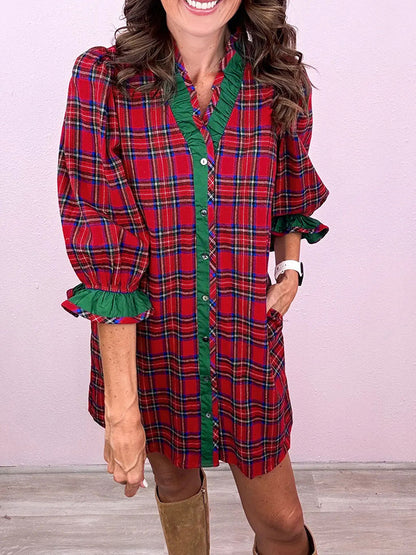 Red Plaid Ruffle Shirt Dress
