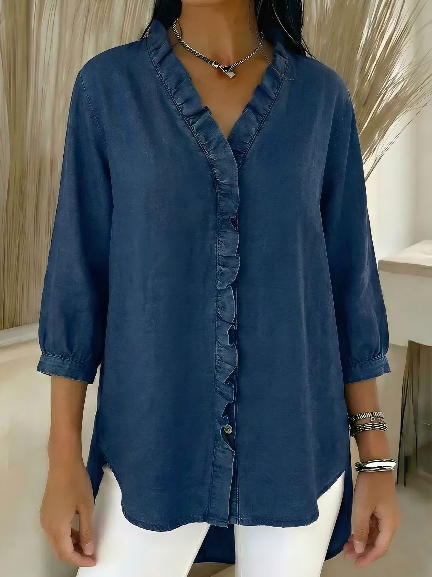 ✨Women's Casual Denim V-Neck Ruffled Shirt(BUY 2 FREE SHIPPING)
