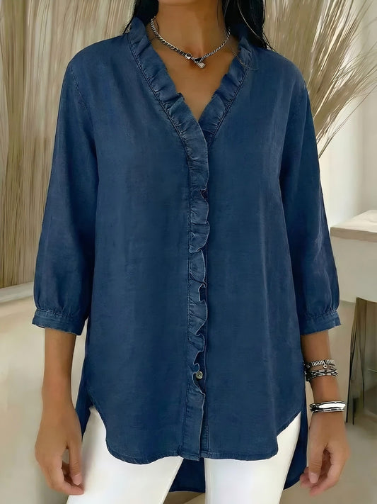 ✨Women's Casual Denim V-Neck Ruffled Shirt(BUY 2 FREE SHIPPING)