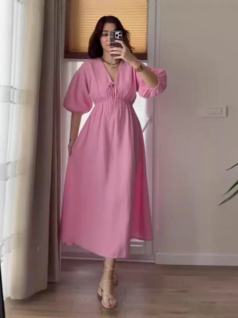 Solid color V-neck puff sleeve short-sleeved slimming A-line dress（BUY 2 FREE SHIPPING)