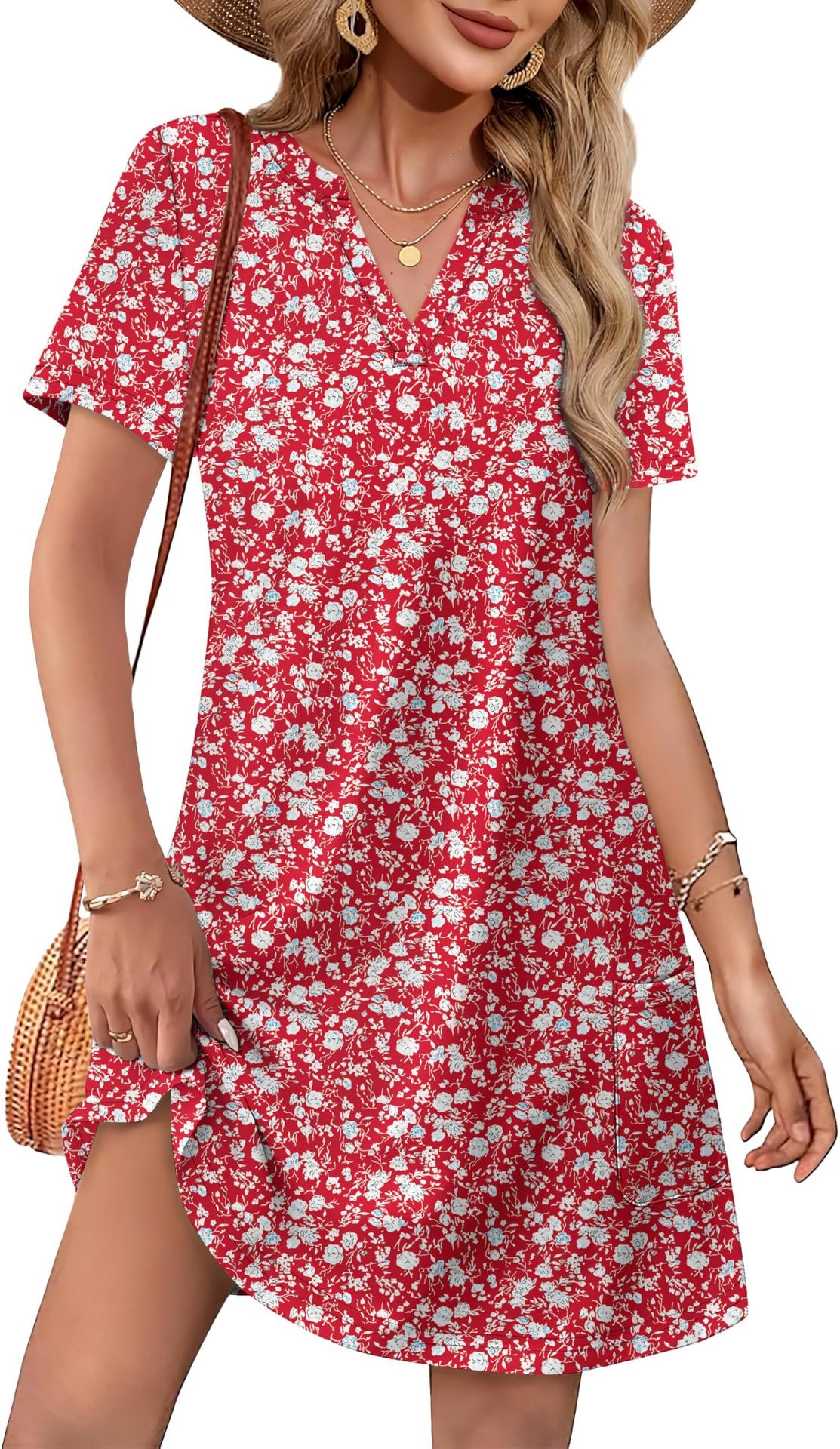 V-neck loose-fitting casual printed short-sleeved dress（BUY 2 FREE SHIPPING)