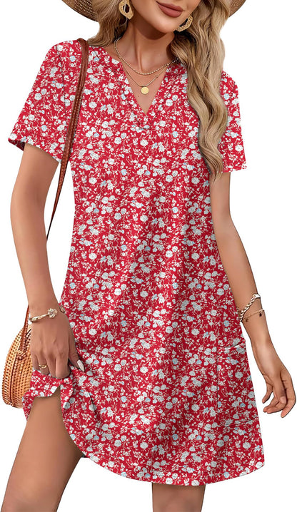 V-neck loose-fitting casual printed short-sleeved dress（BUY 2 FREE SHIPPING)