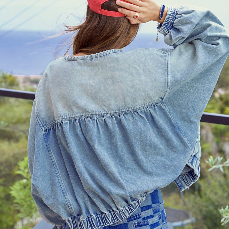 Women Spring Fall Oversized Jean Jacket Trendy Lightweight Y2K Floral Denim Bomber Jacket Coat（BUY 2 FREE SHIPPING)