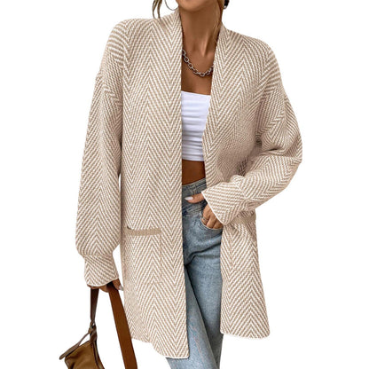 Women Herringbone Open Front Mid‑Length Knit Cardigan With Pockets