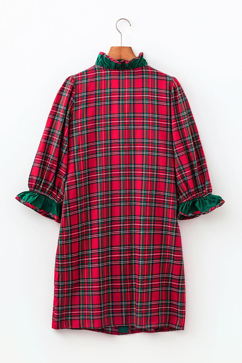 Red Plaid Ruffle Shirt Dress