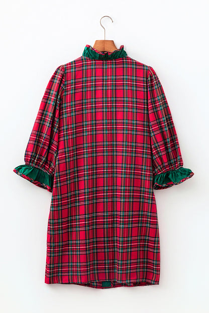 Red Plaid Ruffle Shirt Dress