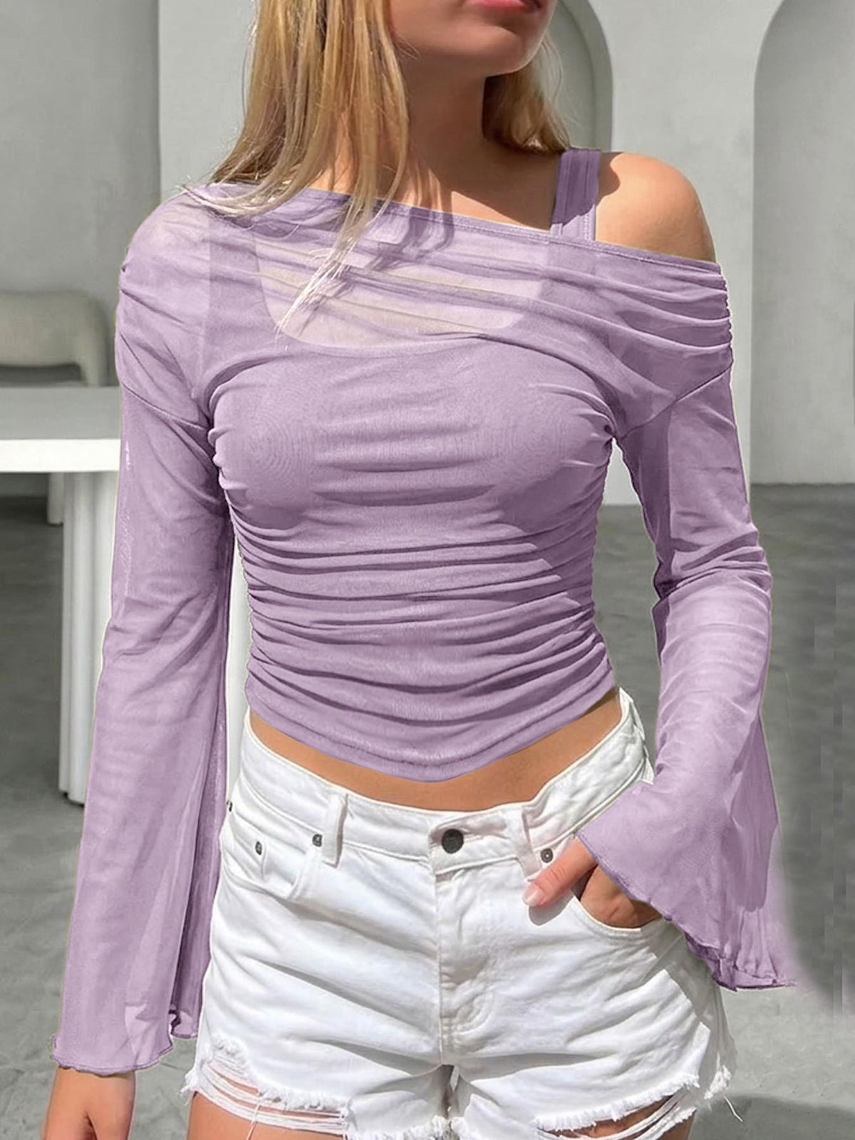 Ruched Sheer Mesh Off-Shoulder Top