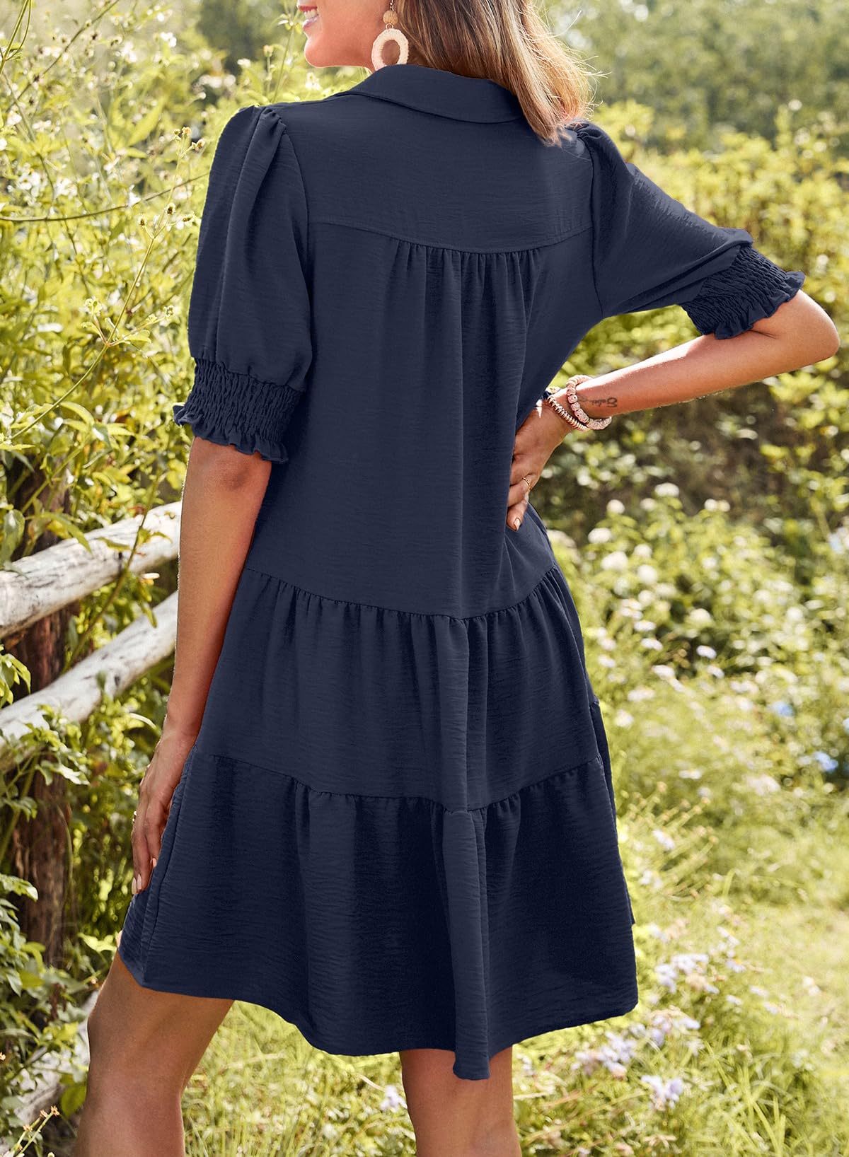Women's Layered V-Neck Dress with Lapels and Puff Sleeves（BUY 2 FREE SHIPPING)