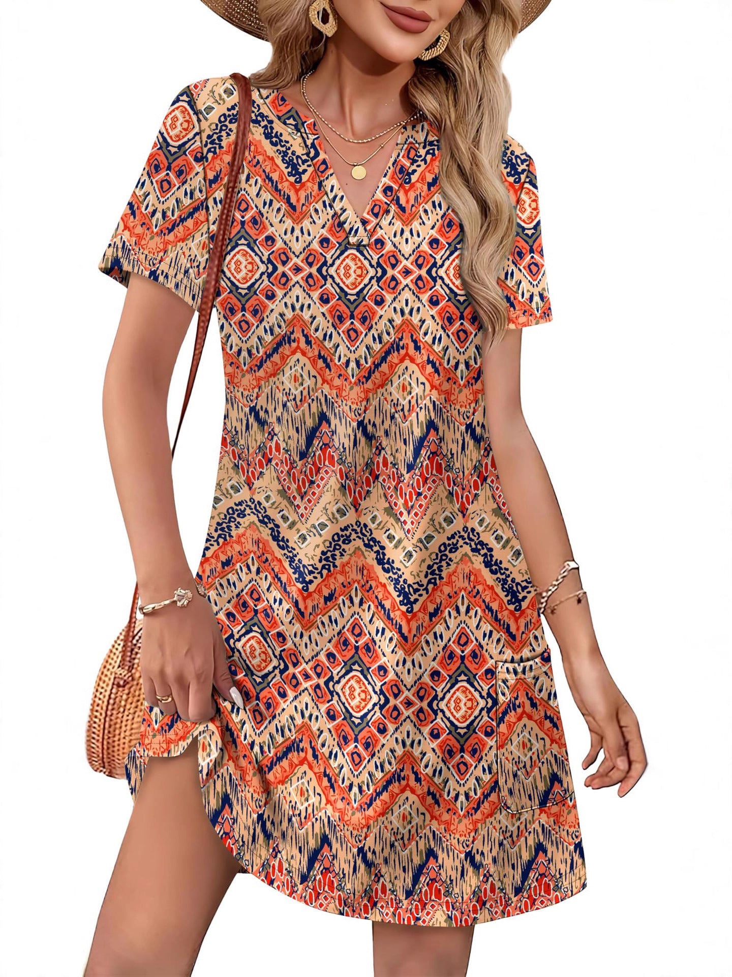 V-neck loose-fitting casual printed short-sleeved dress（BUY 2 FREE SHIPPING)