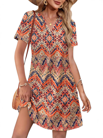 V-neck loose-fitting casual printed short-sleeved dress（BUY 2 FREE SHIPPING)