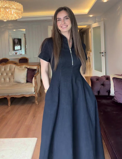 2026 New Style Half-Open Neck Short-Sleeve Slim Waist Full Skirt Dress