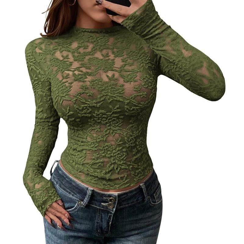 Textured Lace Mesh Long Sleeve Top