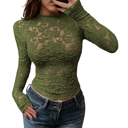 Textured Lace Mesh Long Sleeve Top