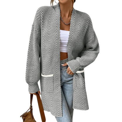 Women Herringbone Open Front Mid‑Length Knit Cardigan With Pockets