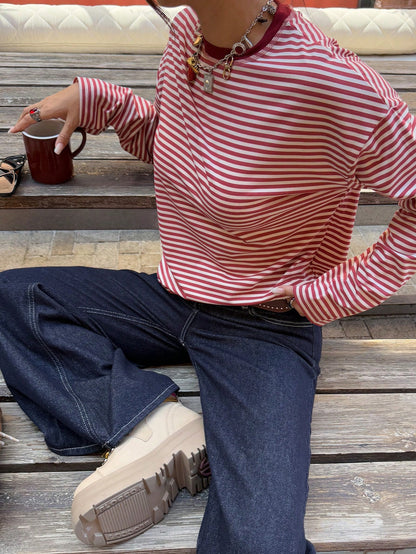 Women's Striped Oversized Crew Neck Long Sleeve Top