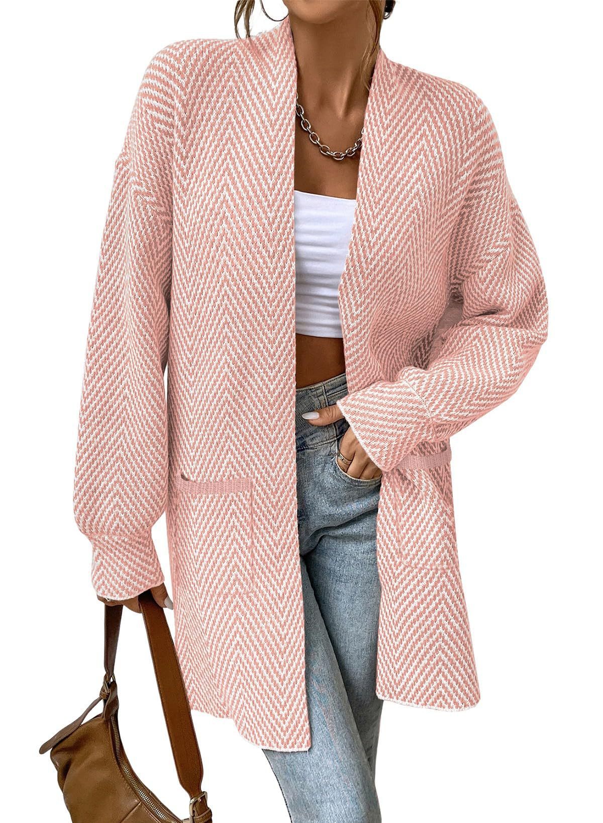 Women Herringbone Open Front Mid‑Length Knit Cardigan With Pockets