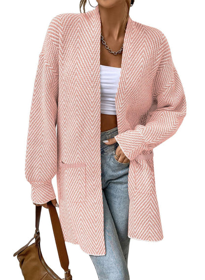 Women Herringbone Open Front Mid‑Length Knit Cardigan With Pockets