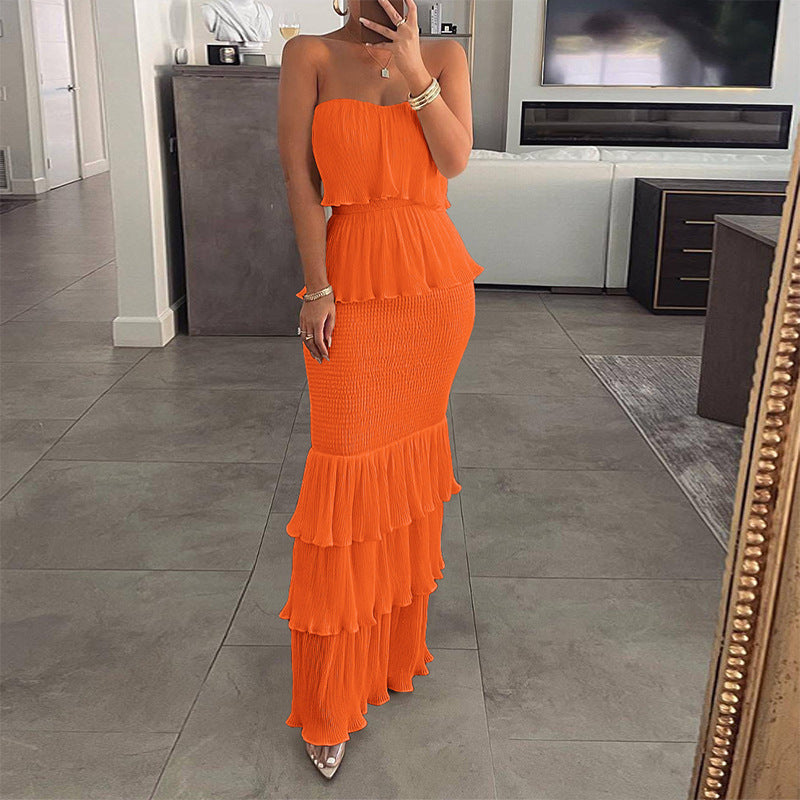 Pleated Ruffle Maxi Dress