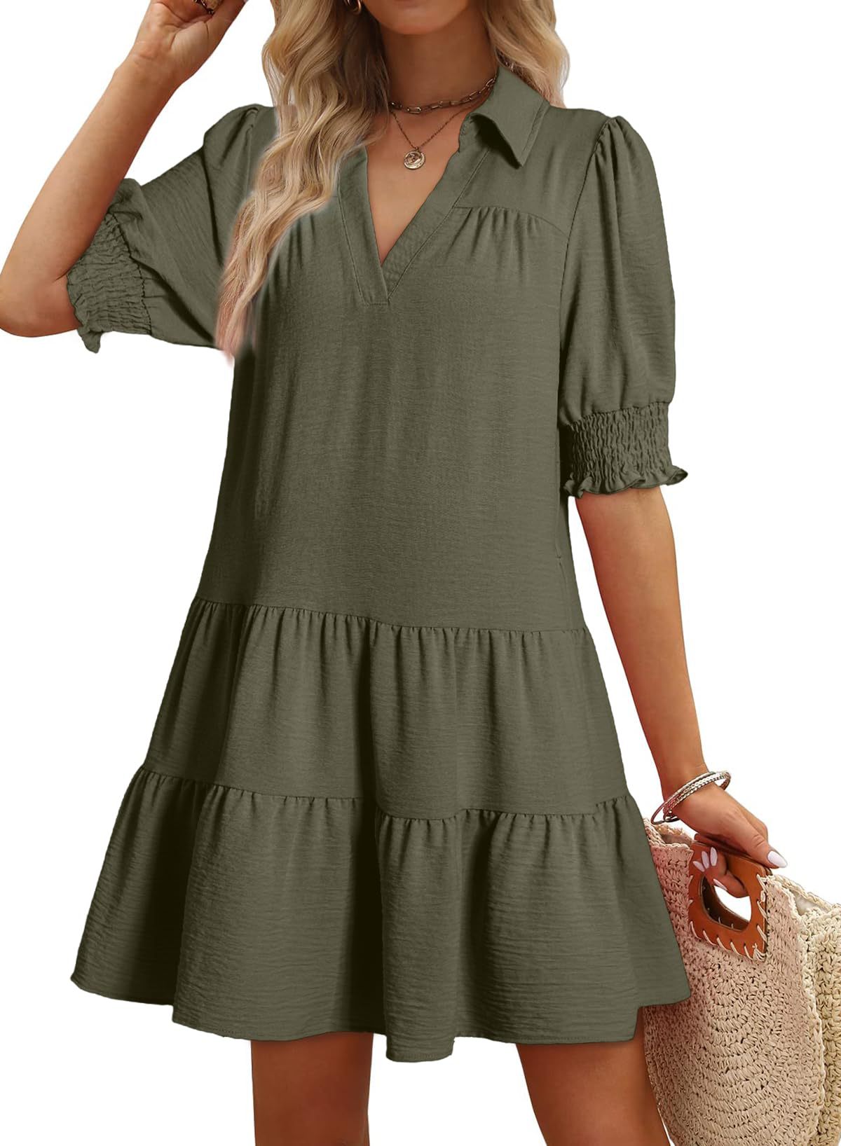 Women's Layered V-Neck Dress with Lapels and Puff Sleeves（BUY 2 FREE SHIPPING)