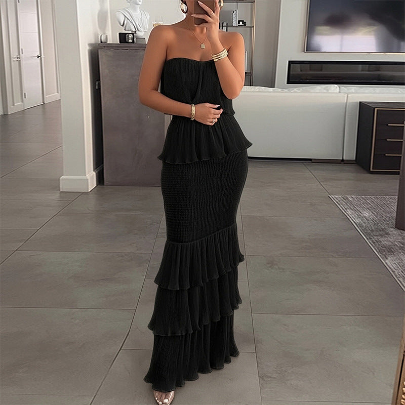 Pleated Ruffle Maxi Dress