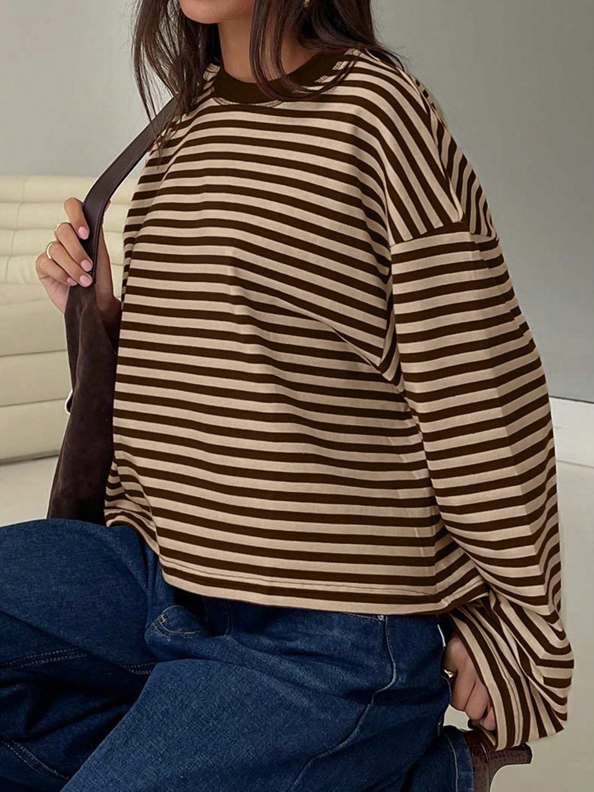Women's Striped Oversized Crew Neck Long Sleeve Top