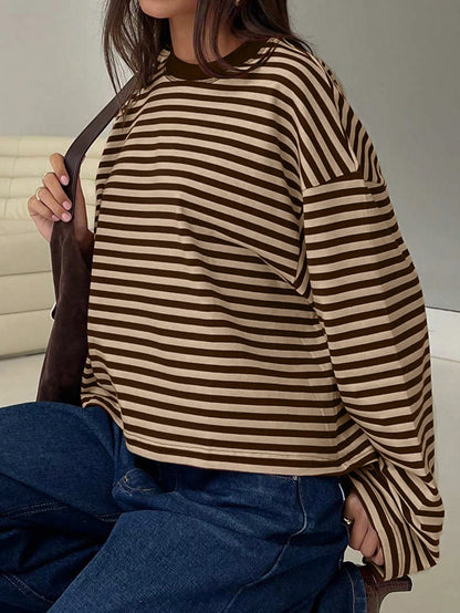 Women's Striped Oversized Crew Neck Long Sleeve Top