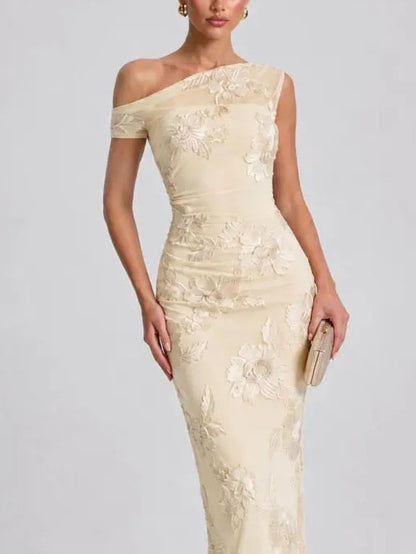 Floral Embroidered Off-Shoulder Maxi Dress